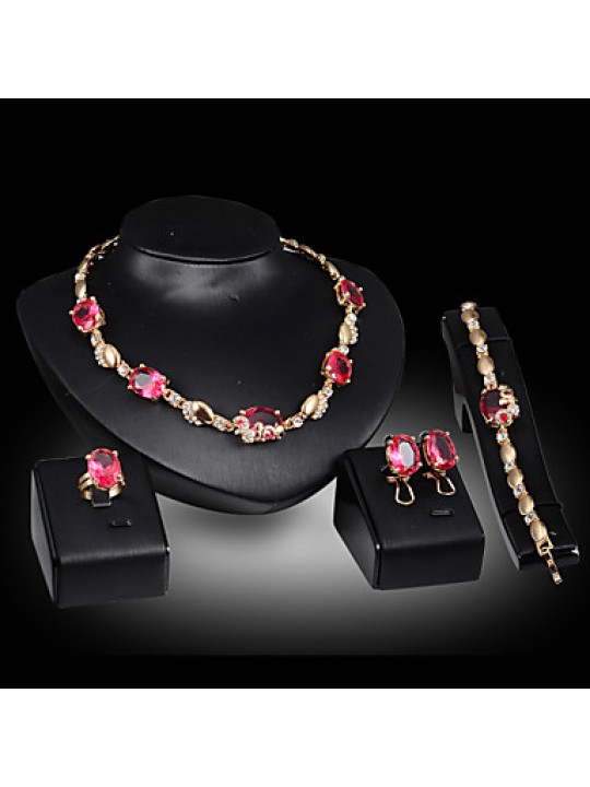 Women's Vintage 18K Gold Plated Zirconia Cut Out Flower Necklace & Earrings & Bracelet & Ring Jewelry Set  