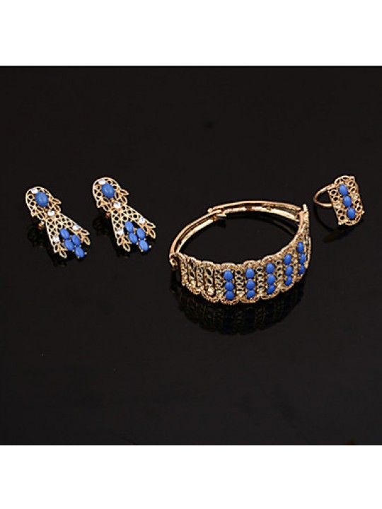 Women's Vintage 18K Gold Plated Rhinestone Tassel Necklace & Earrings & Bracelet & Ring Jewelry Sets  