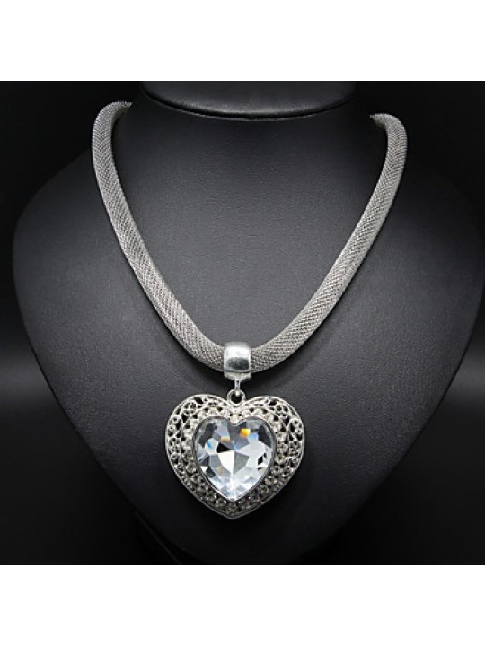 Rhinestone Heart Pendant Silver Chain Necklace