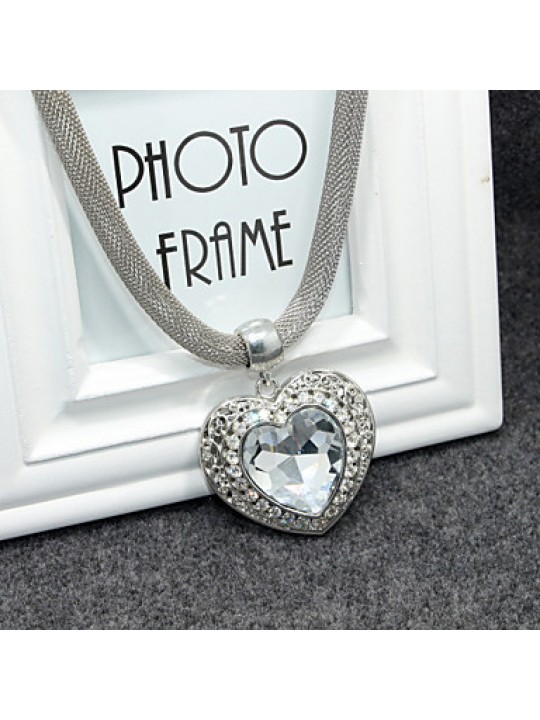 Rhinestone Heart Pendant Silver Chain Necklace