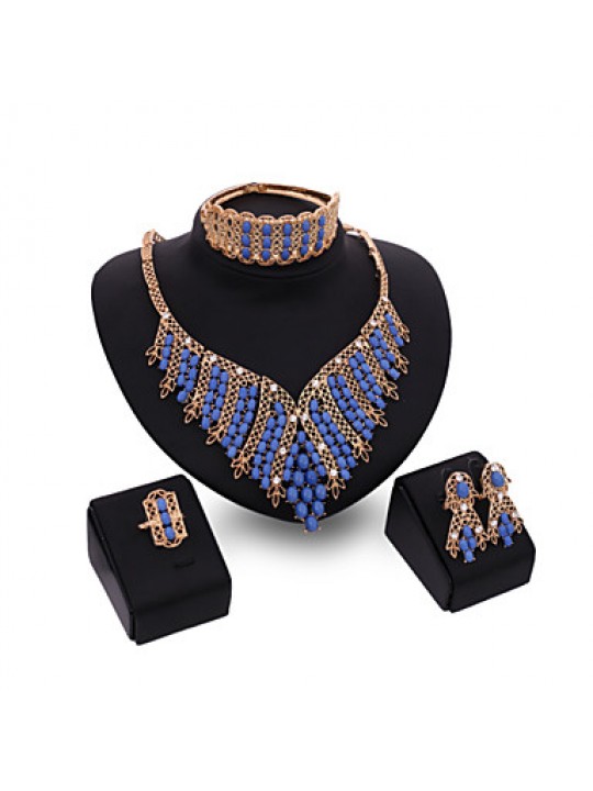 Women's Vintage 18K Gold Plated Rhinestone Tassel Necklace & Earrings & Bracelet & Ring Jewelry Sets  