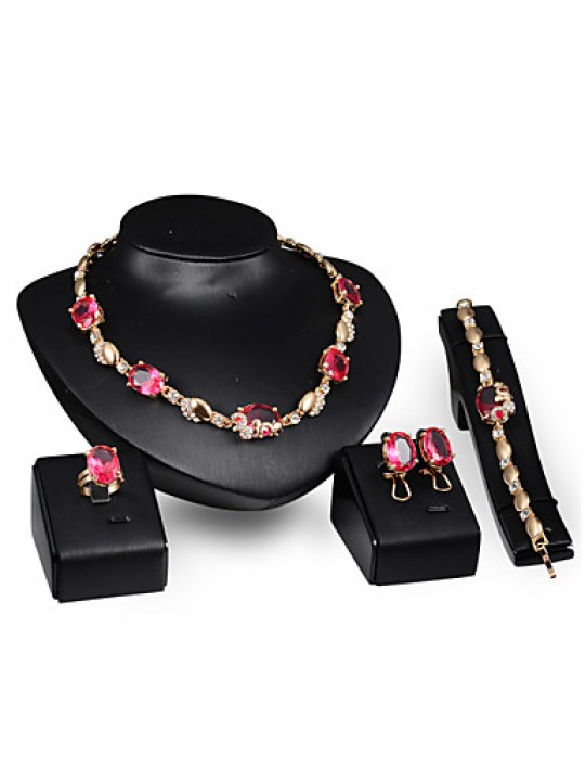 Women's Vintage 18K Gold Plated Zirconia Cut Out Flower Necklace & Earrings & Bracelet & Ring Jewelry Set  